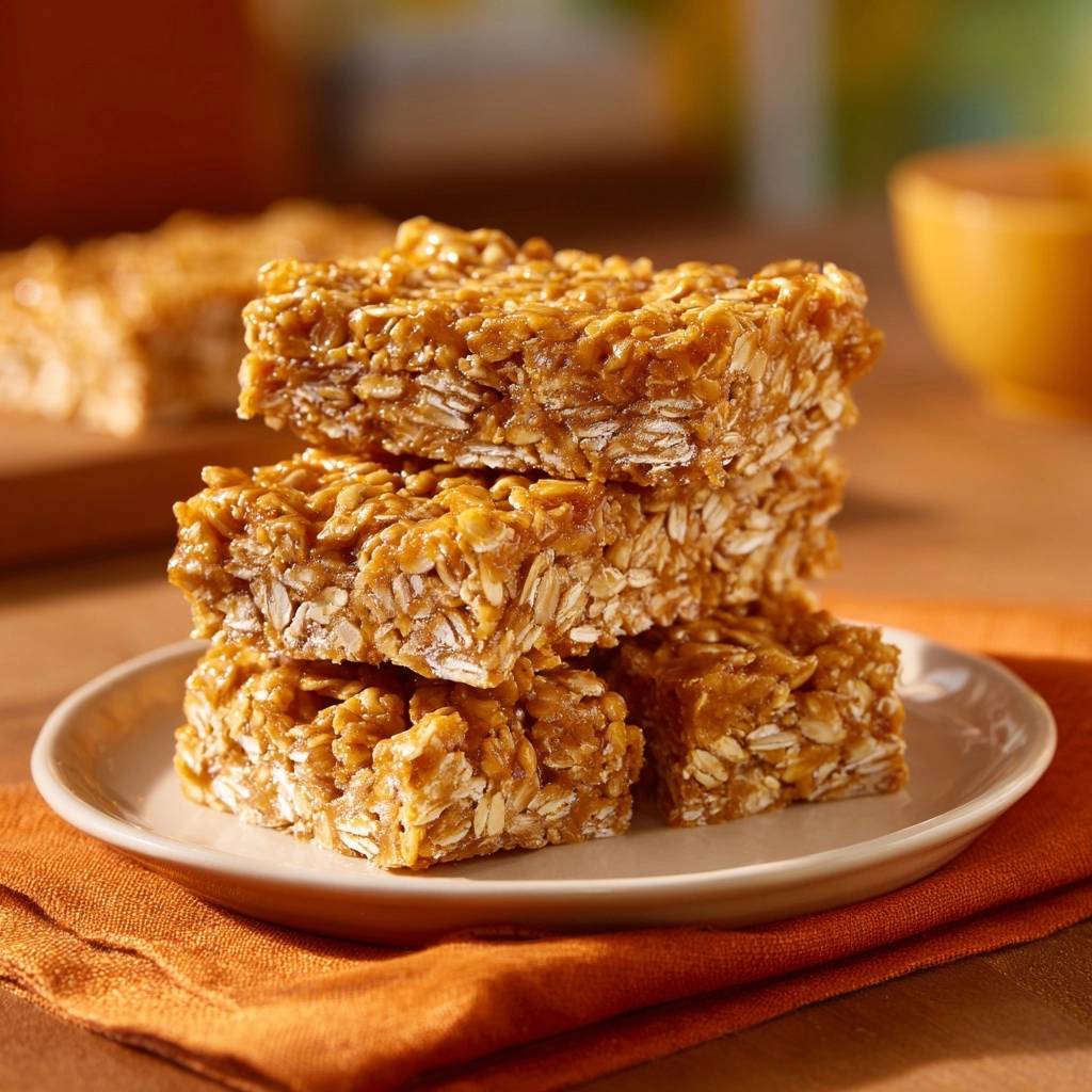 No-bake peanut butter oat bars that hold together, stacked neatly on a white plate with an orange napkin.
