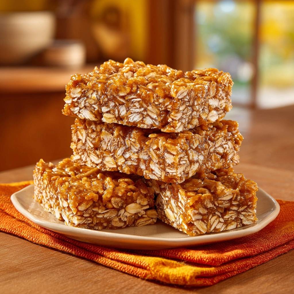No-bake peanut butter oat bars stacked on a plate, showcasing their chewy texture and golden color.