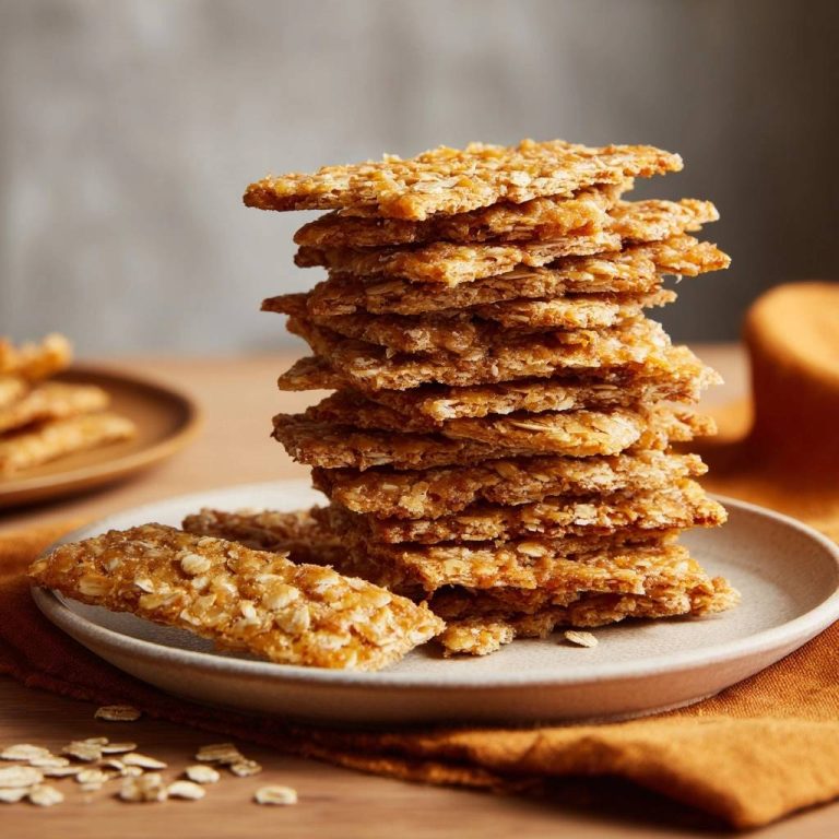 Ultra-crispy oat crackers stacked high on a plate, with a single cracker in the foreground.