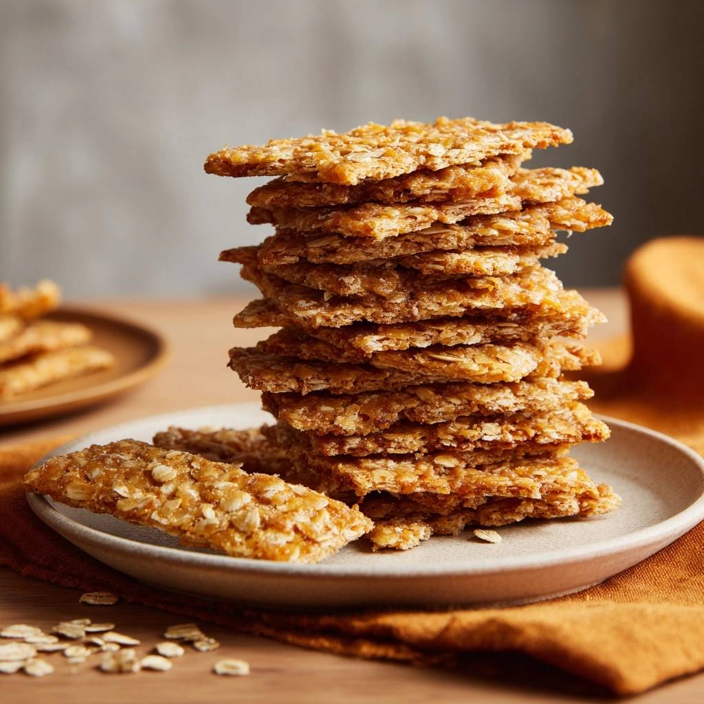 Ultra-crispy oat crackers stacked high on a plate, with a single cracker in the foreground.