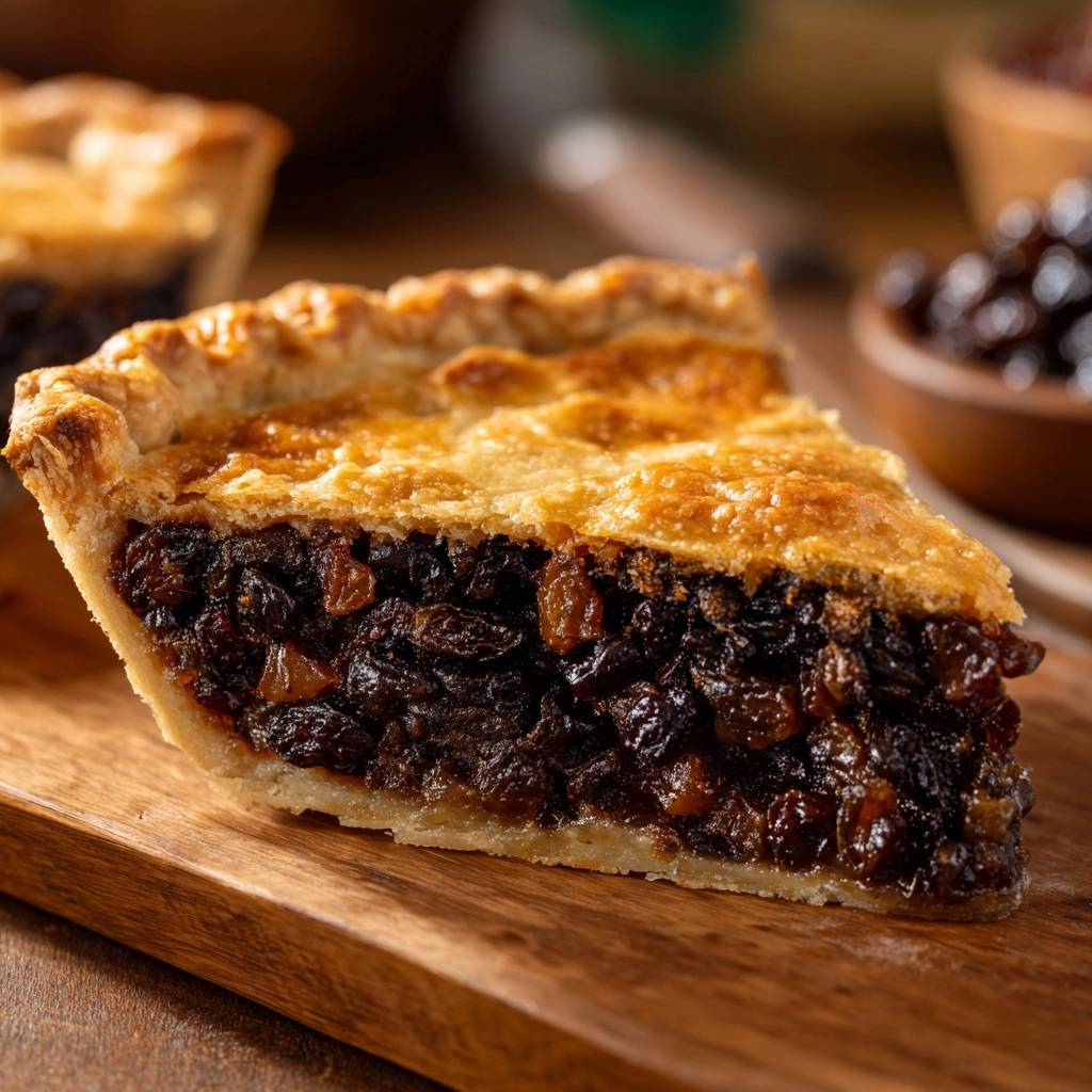 Old-fashioned raisin pie shown in a close-up cross-section, revealing the rich fruit filling and flaky crust.