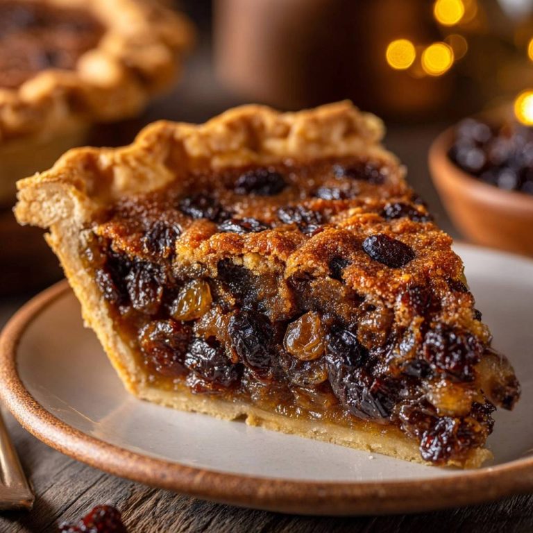 Old-fashioned raisin pie slice showing the rich, gooey filling and golden crust in a detailed cross-section view.