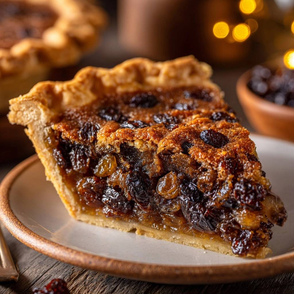 Old-fashioned raisin pie slice showing the rich, gooey filling and golden crust in a detailed cross-section view.