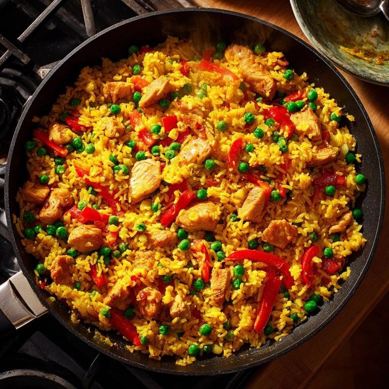 One-pan chicken fried rice with peas and red peppers cooked in a skillet, viewed from directly above.