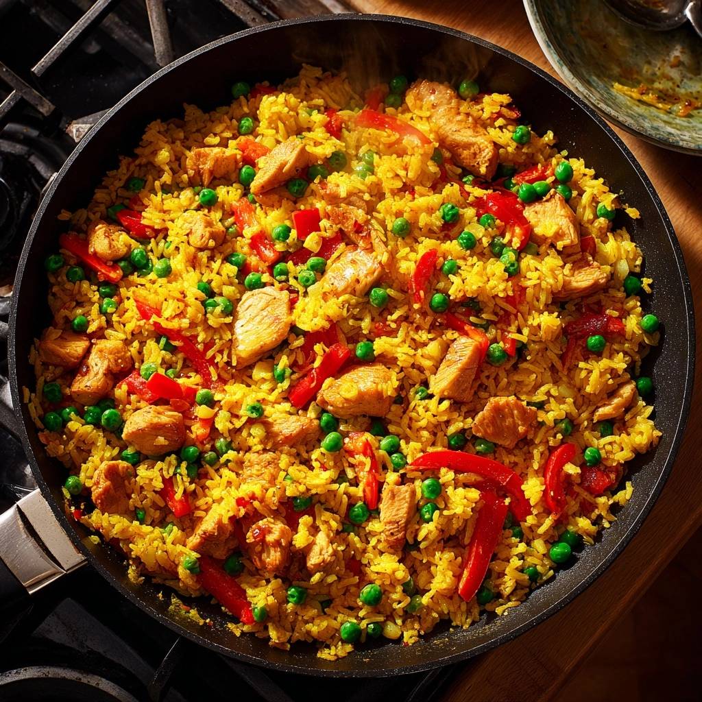One-pan chicken fried rice with peas and red peppers cooked in a skillet, viewed from directly above.