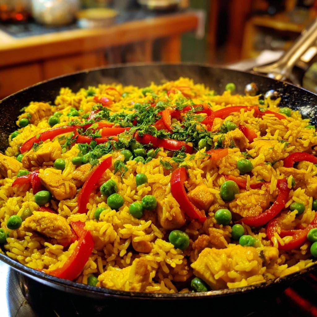One-pan chicken fried rice steaming in a wok, showcasing chicken, peas, and red peppers.