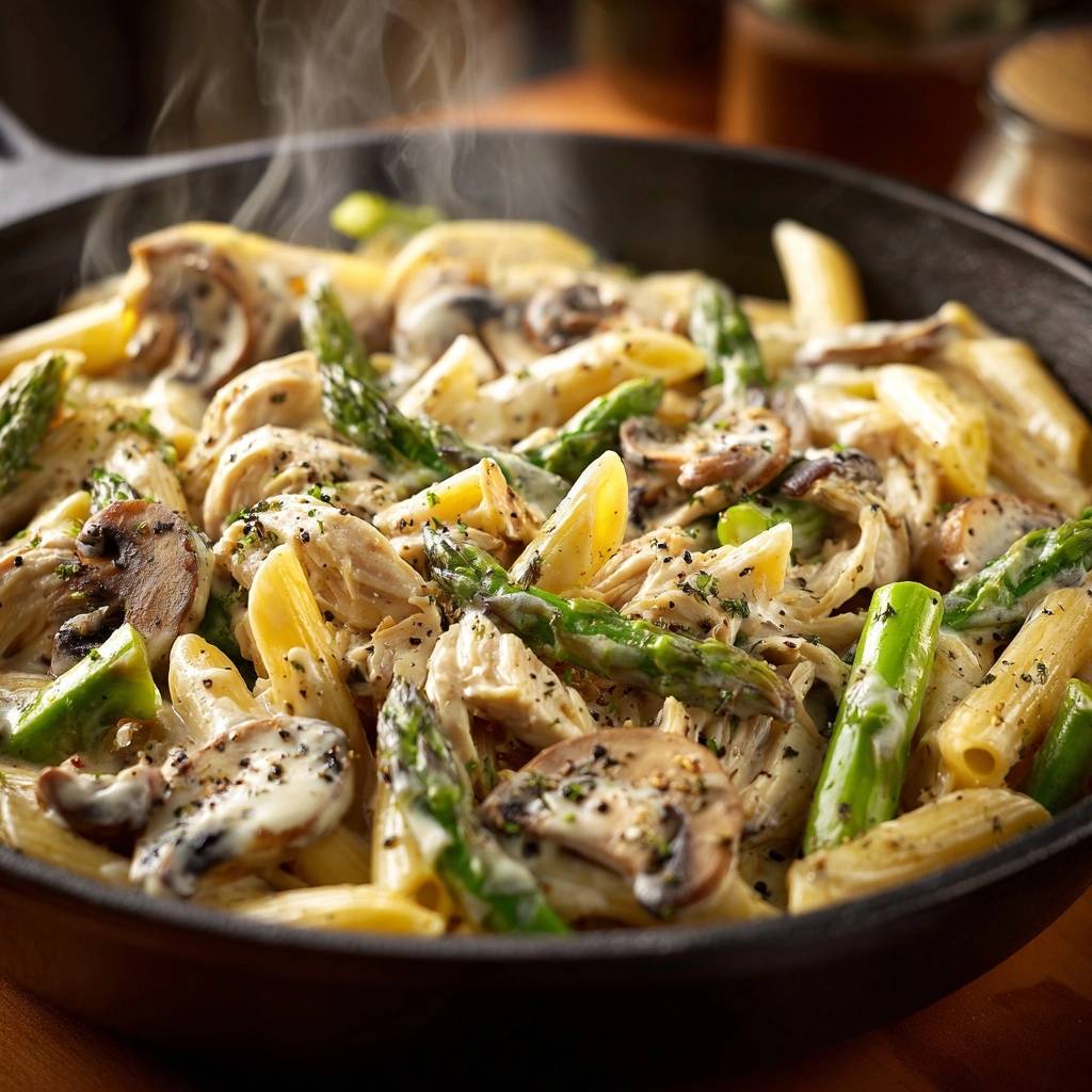 One-pan creamy chicken penne with asparagus and mushrooms, with steam rising from the hot dish in a skillet.