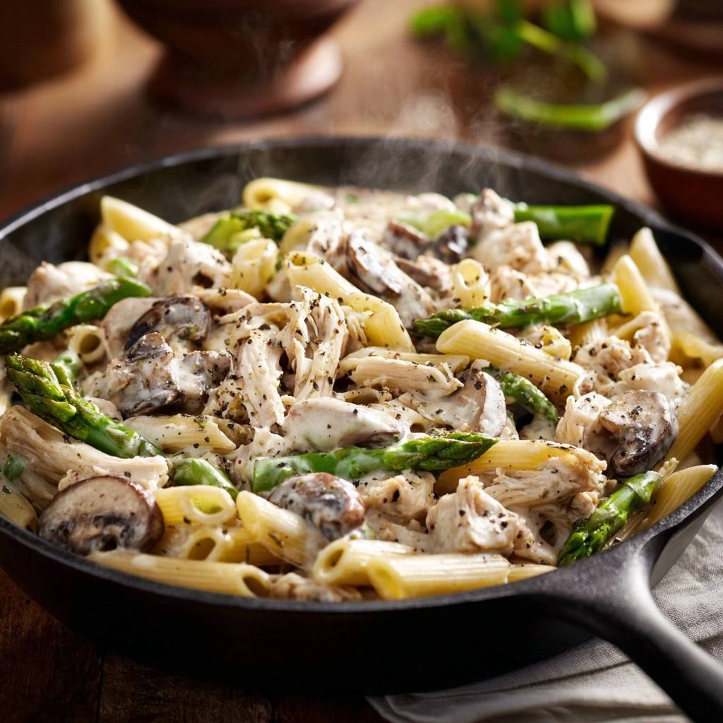 One-pan creamy chicken penne with asparagus and mushrooms steaming in a cast-iron skillet.