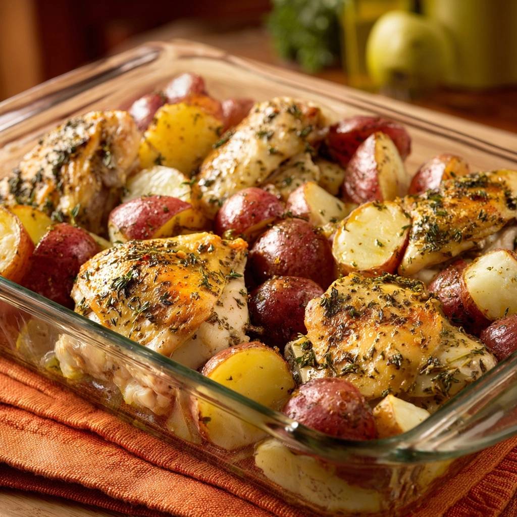 One-pan garlic herb chicken and potatoes shown overhead in a clear glass baking dish with roasted red and yellow potatoes.