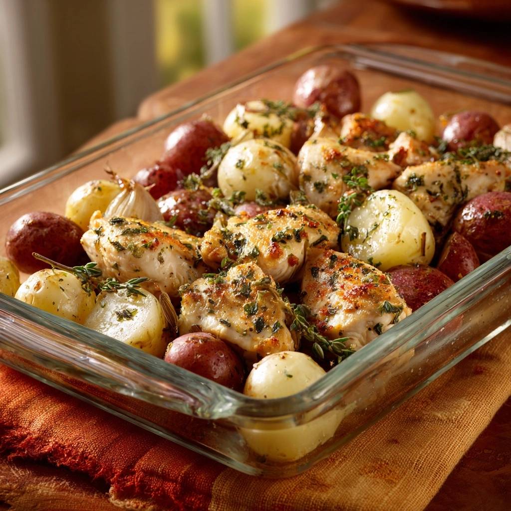 One-pan garlic herb chicken and potatoes presented in a clear glass baking dish with roasted garlic.