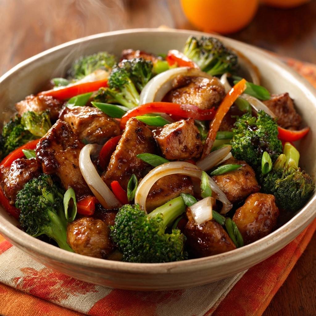 Orange chicken stir-fry with broccoli, red peppers, and onions served in a rustic bowl, a close-up view.