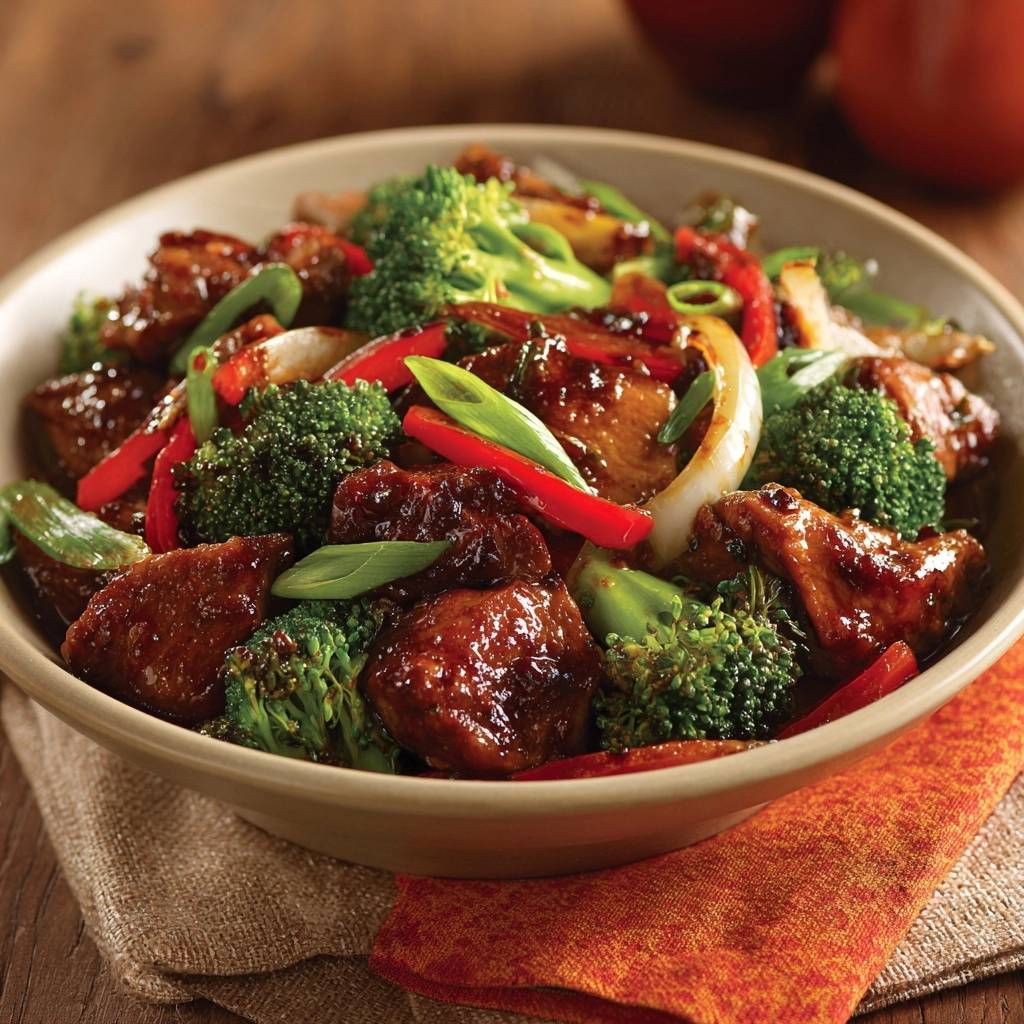 Orange chicken stir-fry with broccoli served in a light brown bowl, viewed from directly above.
