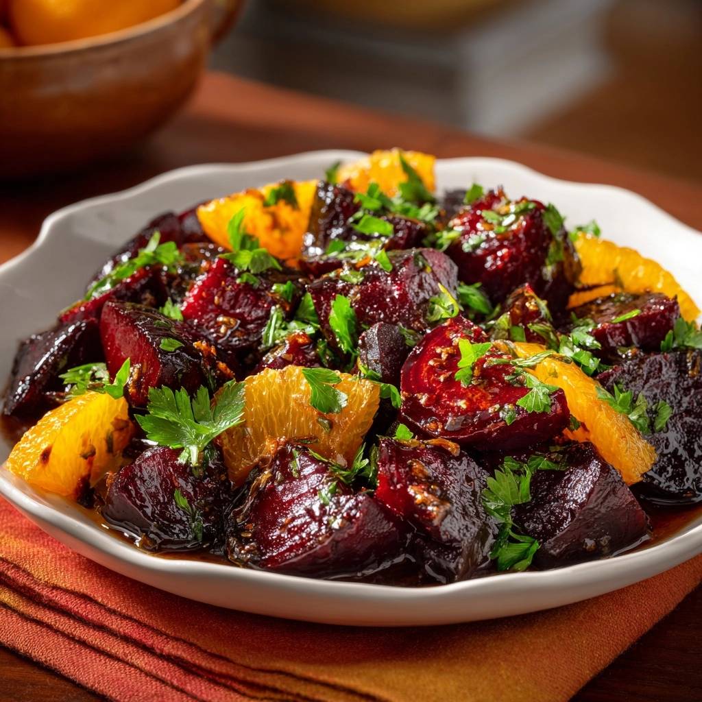 Orange-glazed beets with fresh parsley garnish, presented in a white bowl on an orange napkin.