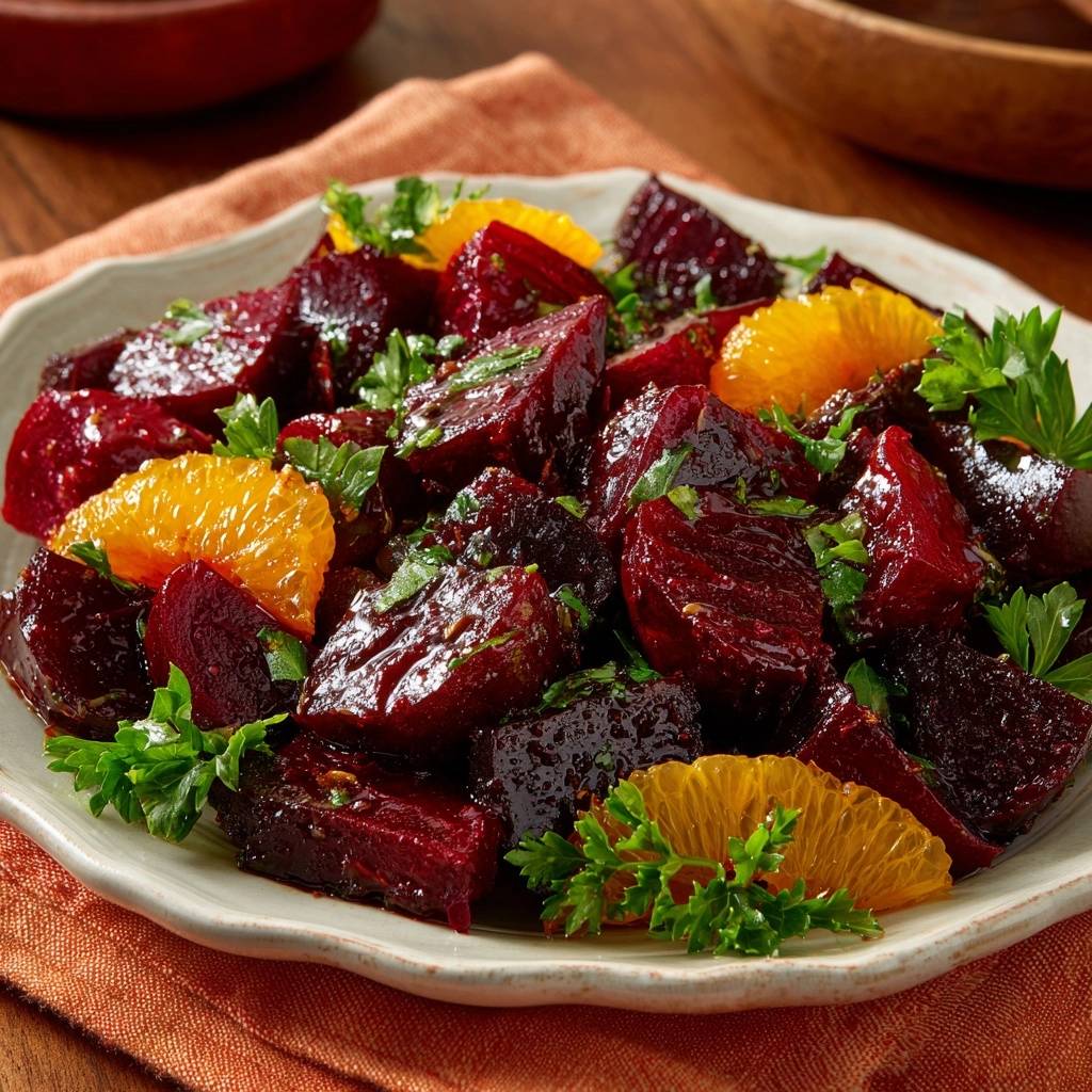 Orange-glazed beets plated and garnished with fresh parsley and orange slices, showcasing a vibrant presentation.
