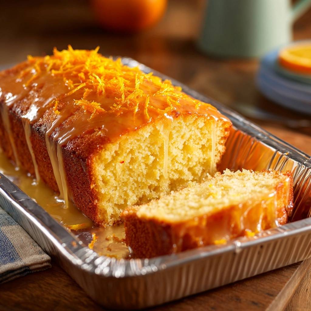 Orange glazed loaf cake sliced and presented in a foil baking pan with fresh orange zest garnish.