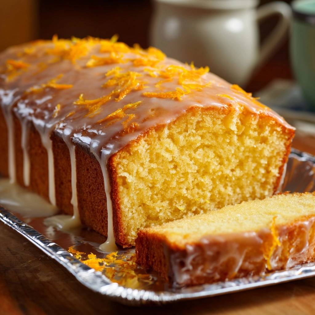 Orange glazed loaf cake, sliced, with visible glaze dripping down the sides and orange zest on top.