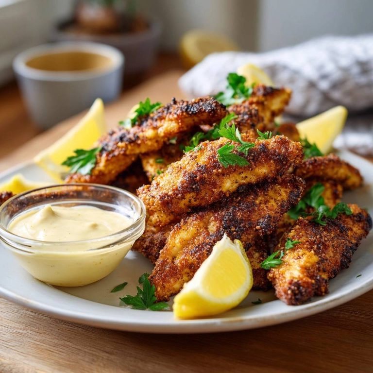 Crispy panko chicken tenders served with a side of creamy dipping sauce and lemon wedges.