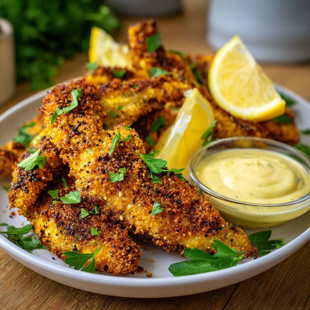 Crispy Panko Chicken Tenders served on a white plate with a side of dipping sauce and lemon wedges.