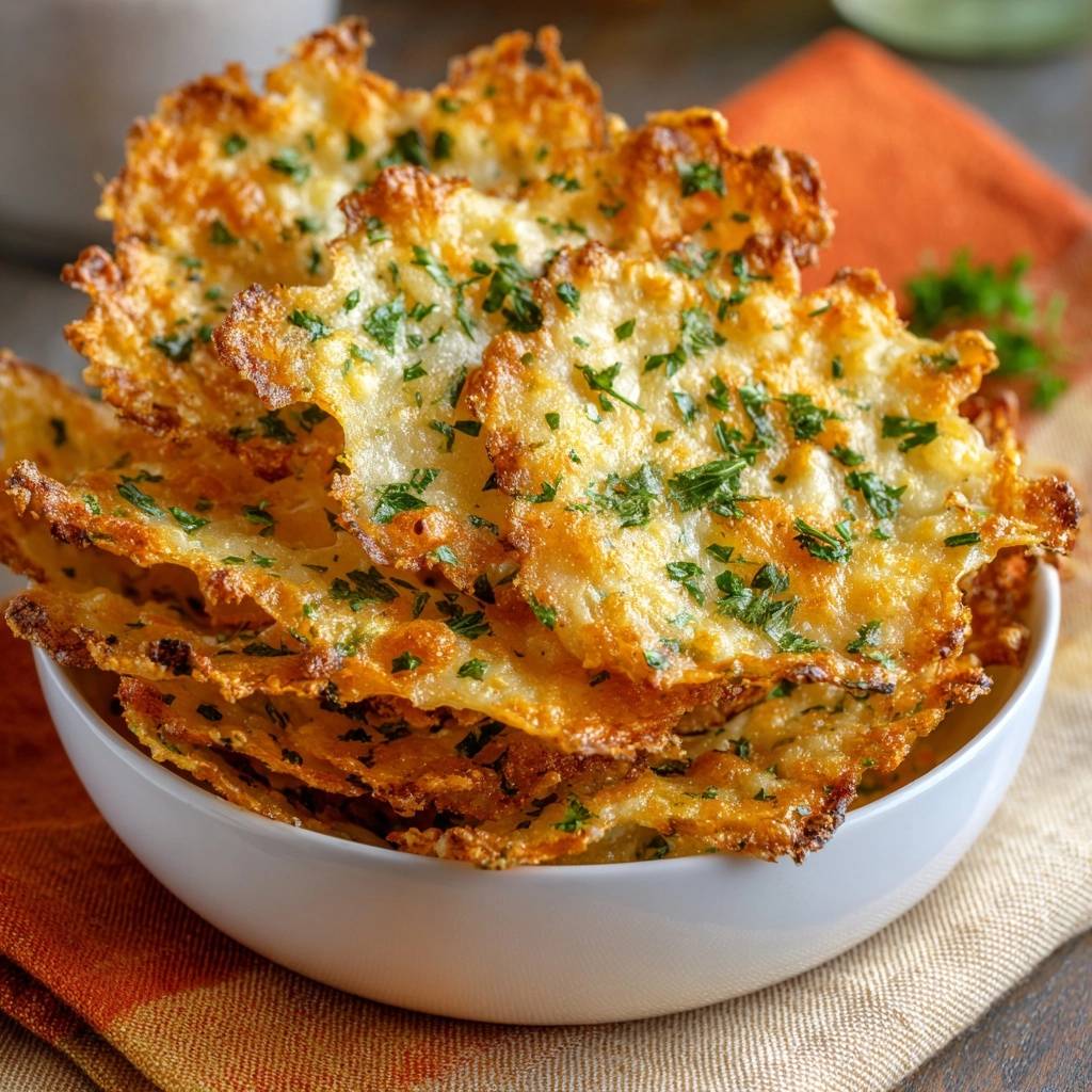 Crispy Parmesan Cheese Crisps piled high in a white bowl, sprinkled with fresh parsley garnish.