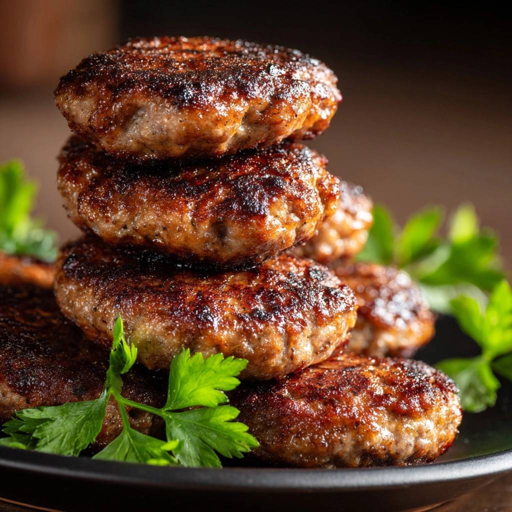 Juicy parsley beef patties stacked in a close-up view, showcasing their browned texture and fresh parsley garnish.