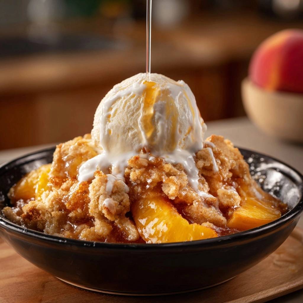 Peach crisp with shatteringly crisp topping, topped with a scoop of vanilla ice cream and a drizzle of honey.