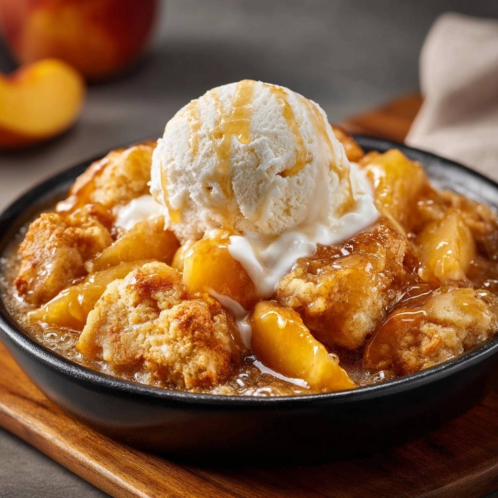 Peach crisp with a scoop of melting vanilla ice cream drizzled with caramel sauce.