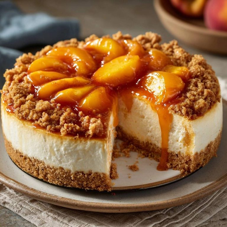 Peach streusel cheesecake sliced to reveal its creamy interior and crumb topping with dripping glaze.