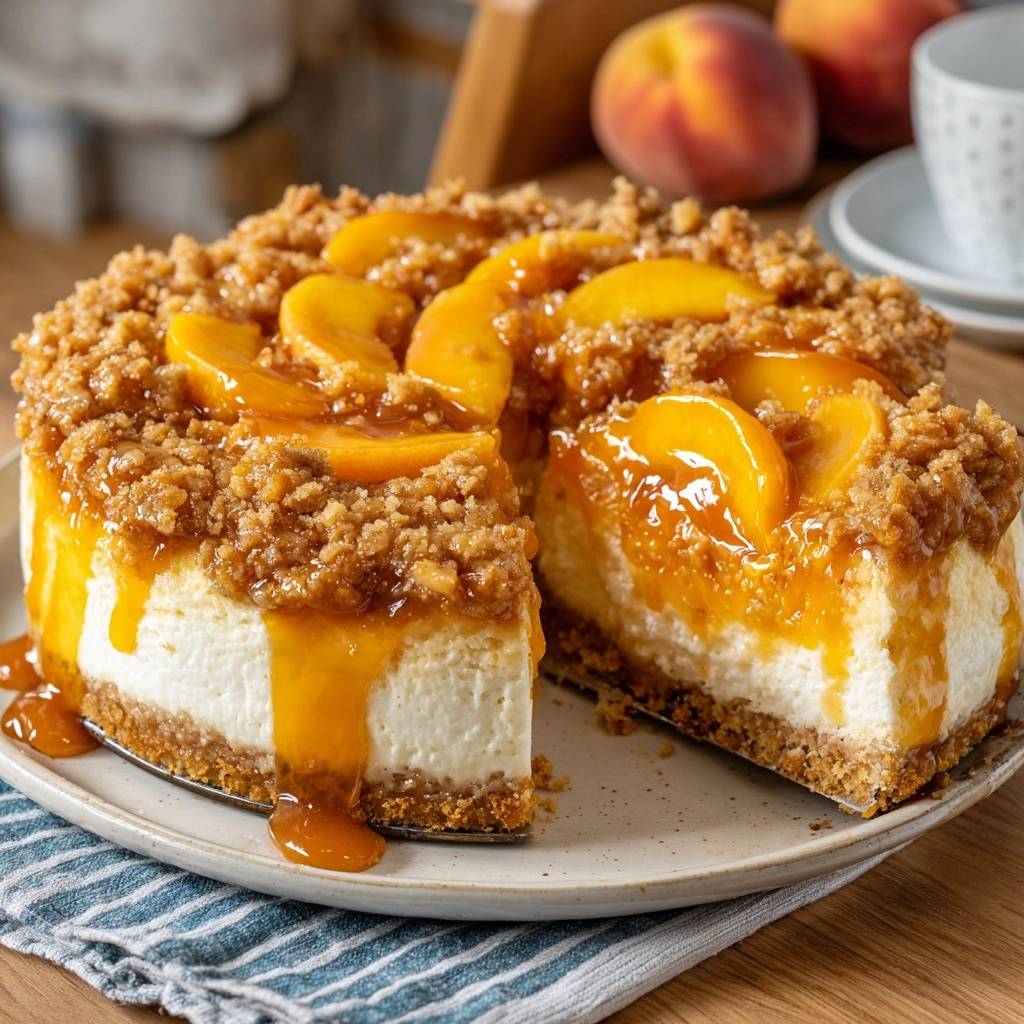 Peach streusel cheesecake sliced to reveal its creamy interior, topped with crumble and peach glaze.