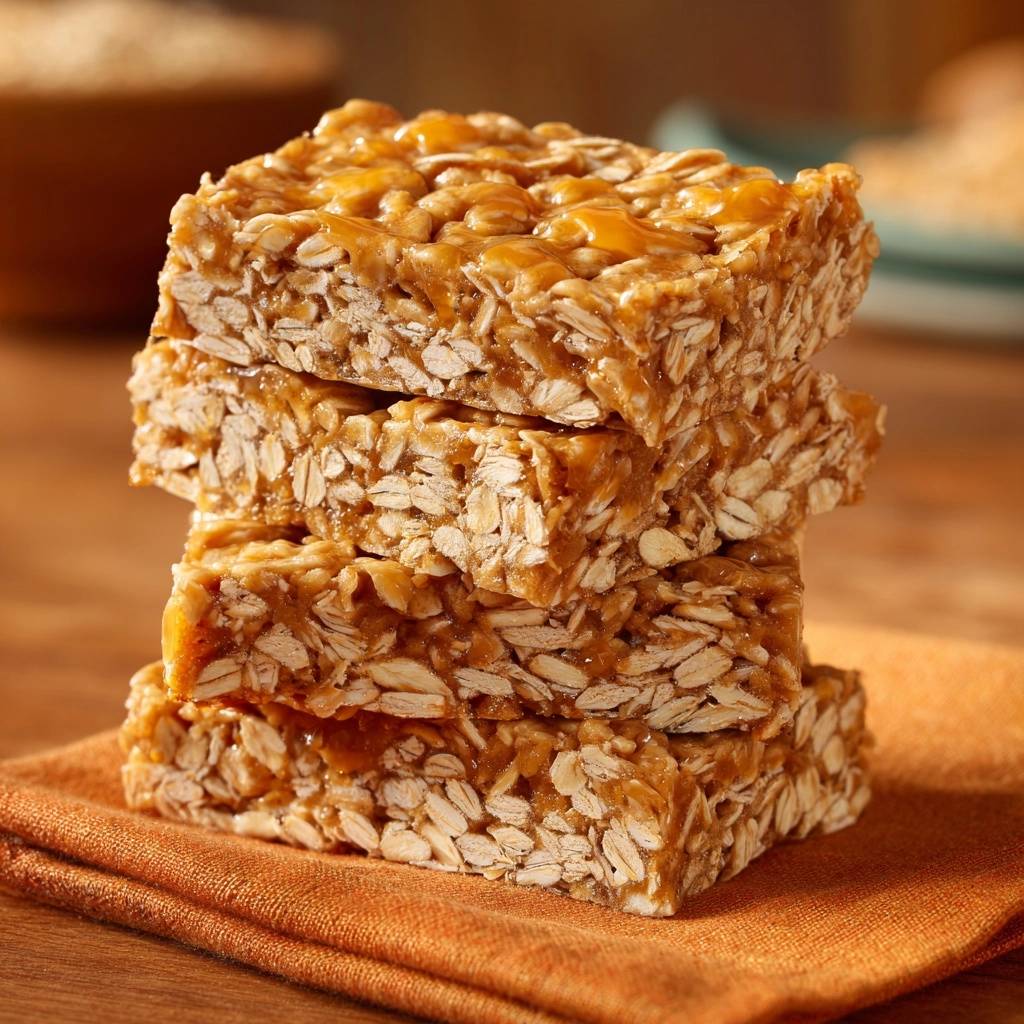 Peanut butter oat bars stacked in a close-up view, showcasing their chewy texture and glossy caramel topping.