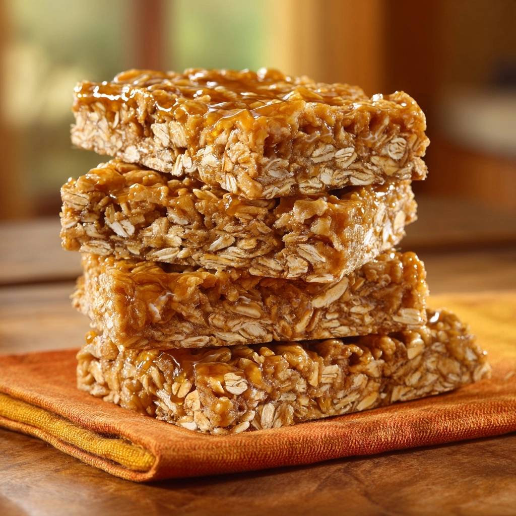 Peanut Butter Oat Bars: no-crumble chewy perfection stacked high on an orange napkin.
