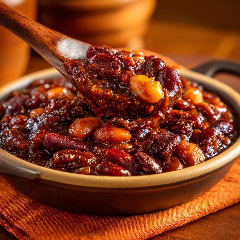 Peanutty baked beans with a thick sauce being lifted by a wooden spoon, showing the bean texture.