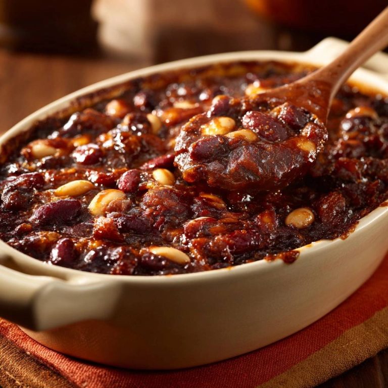 Peanutty baked beans with thick sauce, captured in a close-up showing a spoonful being lifted from the dish.