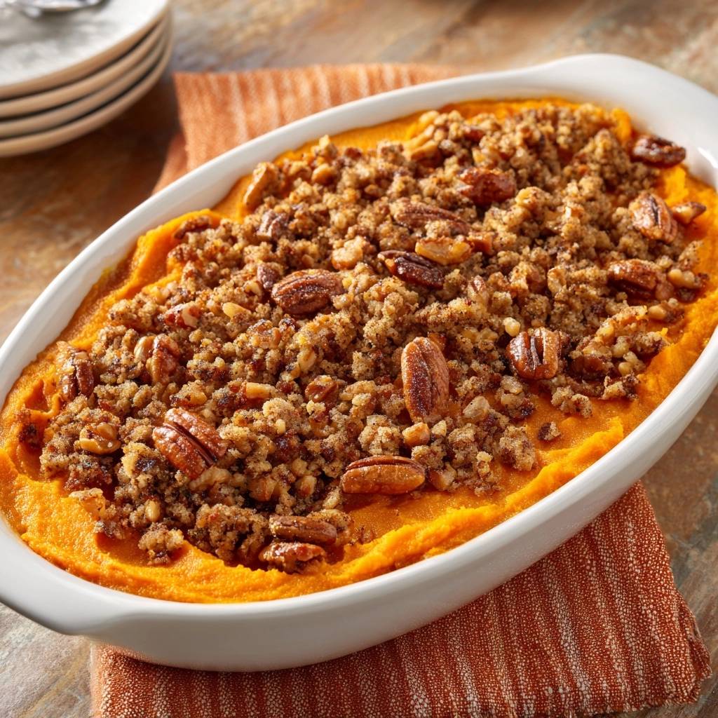 Pecan crusted sweet potato casserole with crunchy topping shown in a white dish, close-up on the toasted nut topping.