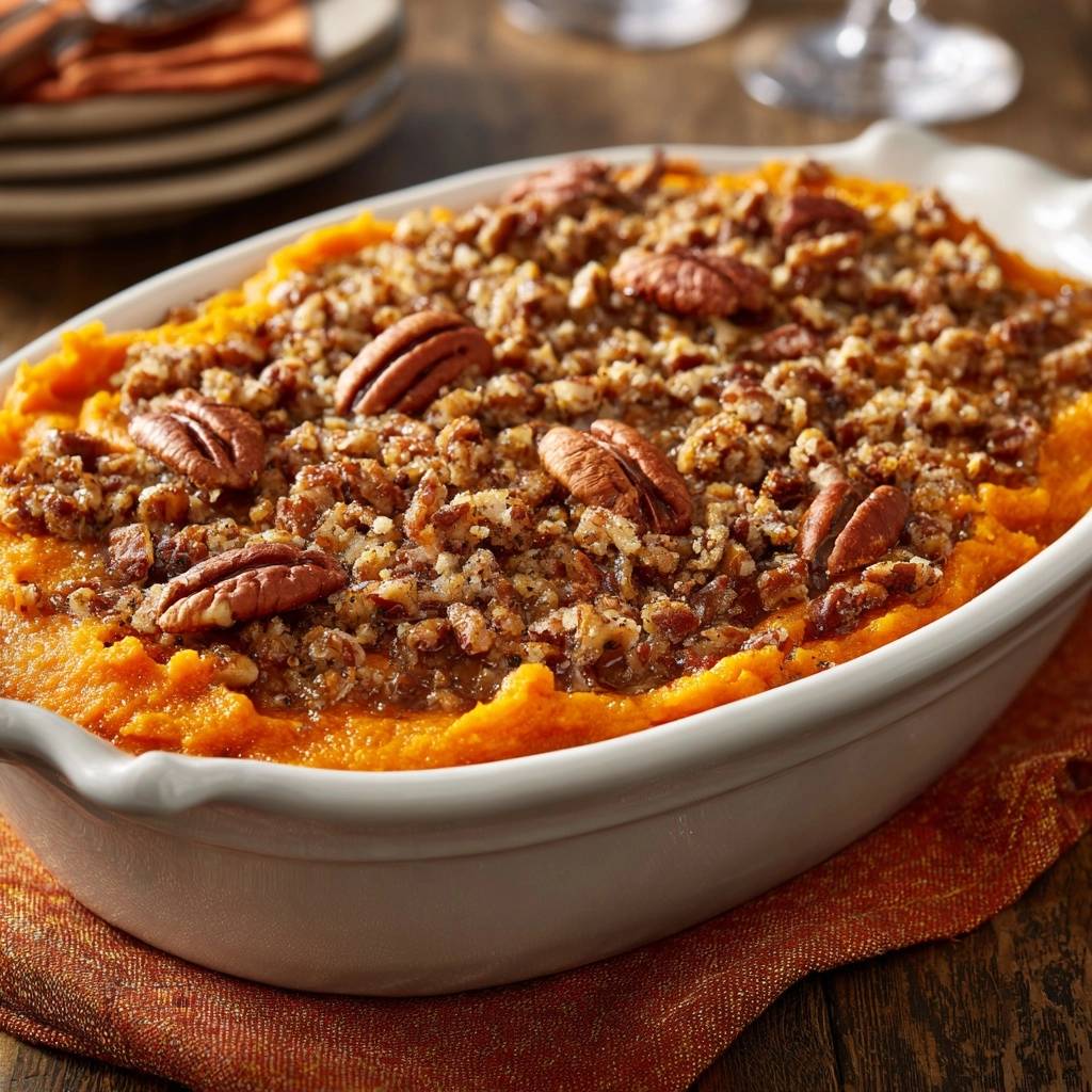 Pecan crusted sweet potato casserole with a detailed view of the crunchy pecan topping and whole pecans.