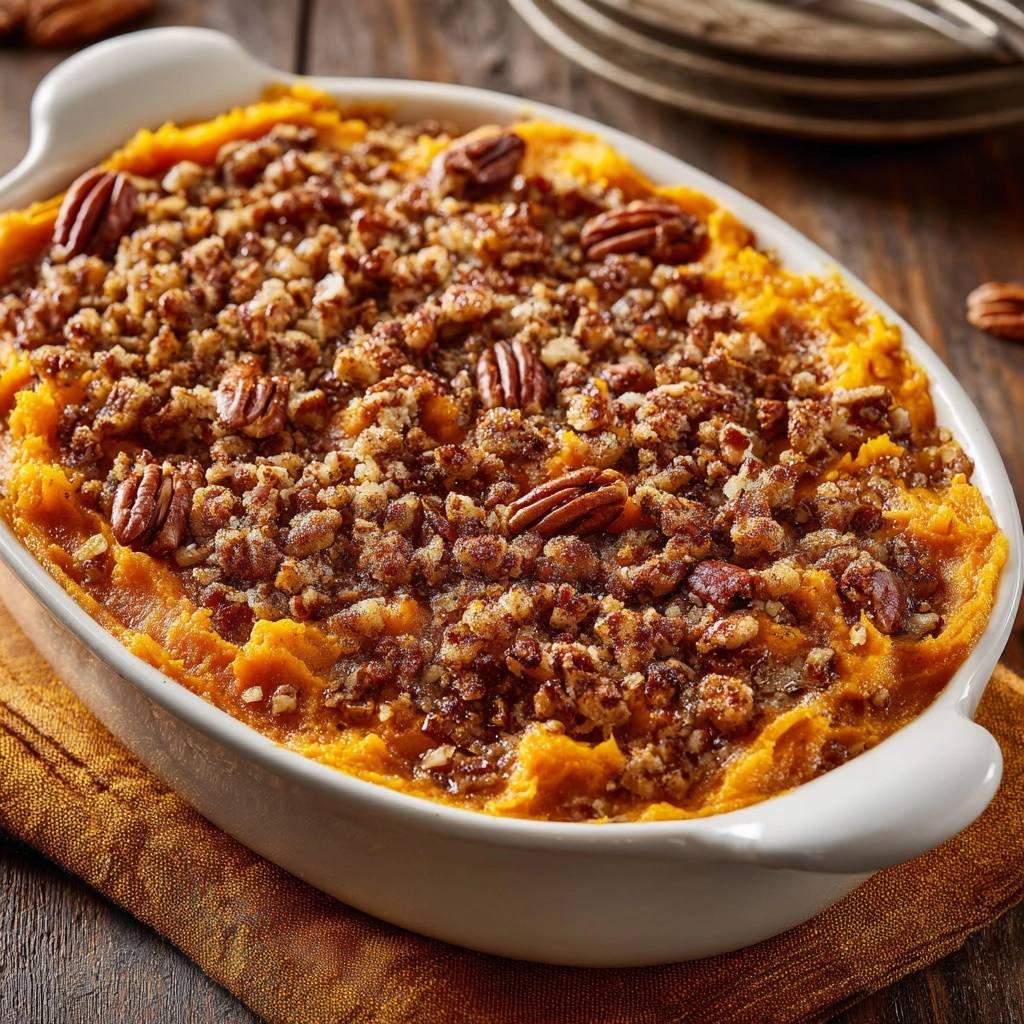 Pecan streusel sweet potato casserole with a close-up view of the nutty, crunchy topping and whole pecans.