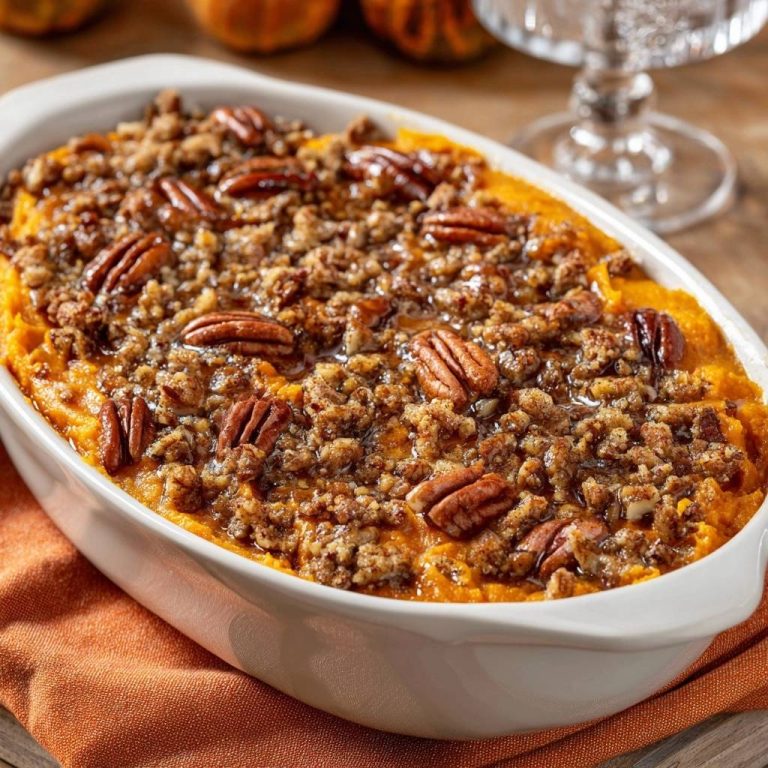 Pecan streusel sweet potato casserole with a close-up view of the crunchy pecan and streusel topping.