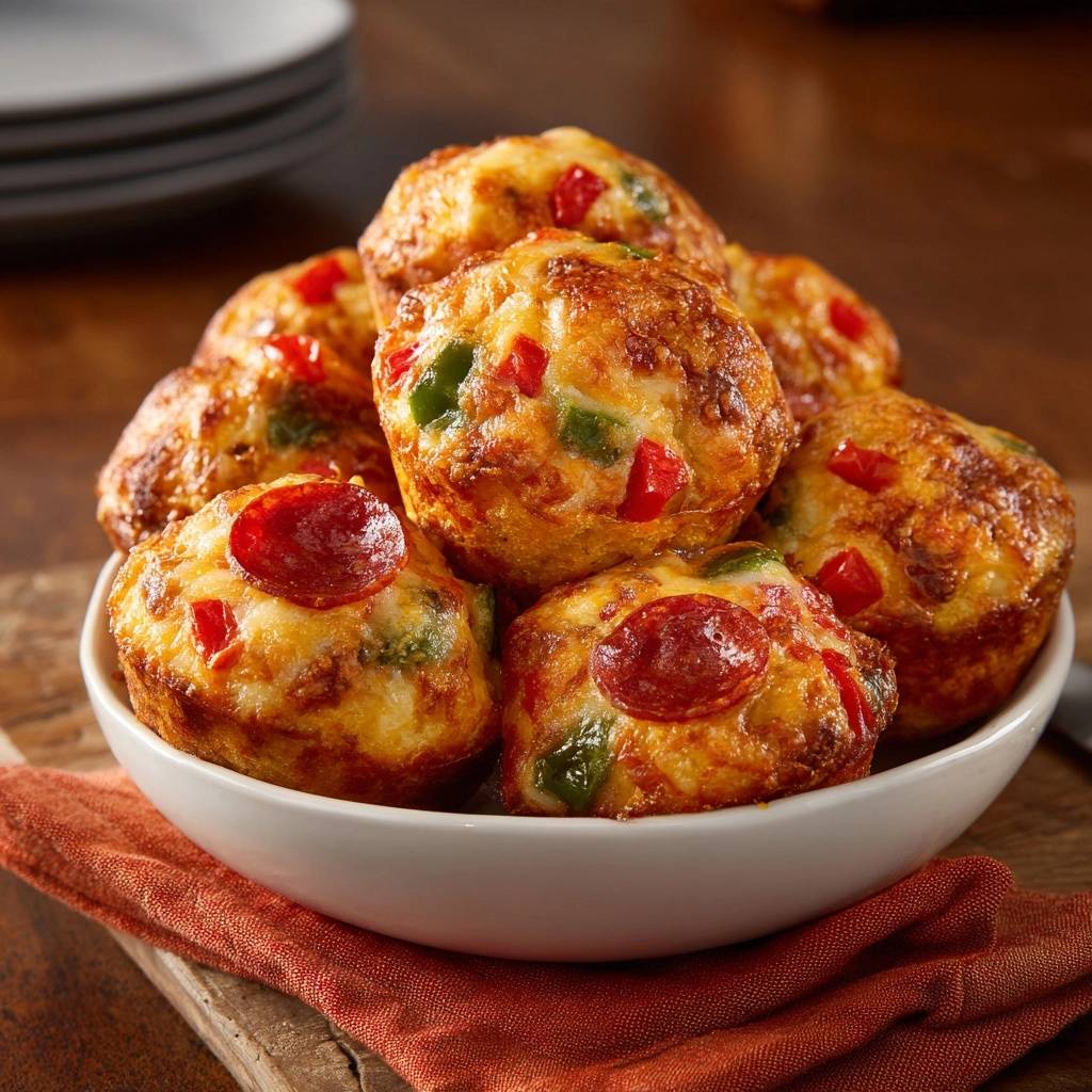 Gooey pepperoni pizza bites shown in a white bowl, featuring a close-up view of the cheesy, baked muffin tops.