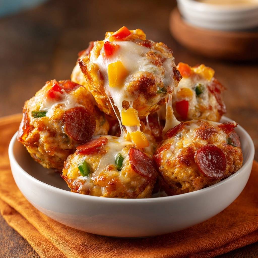 Gooey pepperoni pizza bites with a cheese pull, showing melted mozzarella and colorful bell peppers.