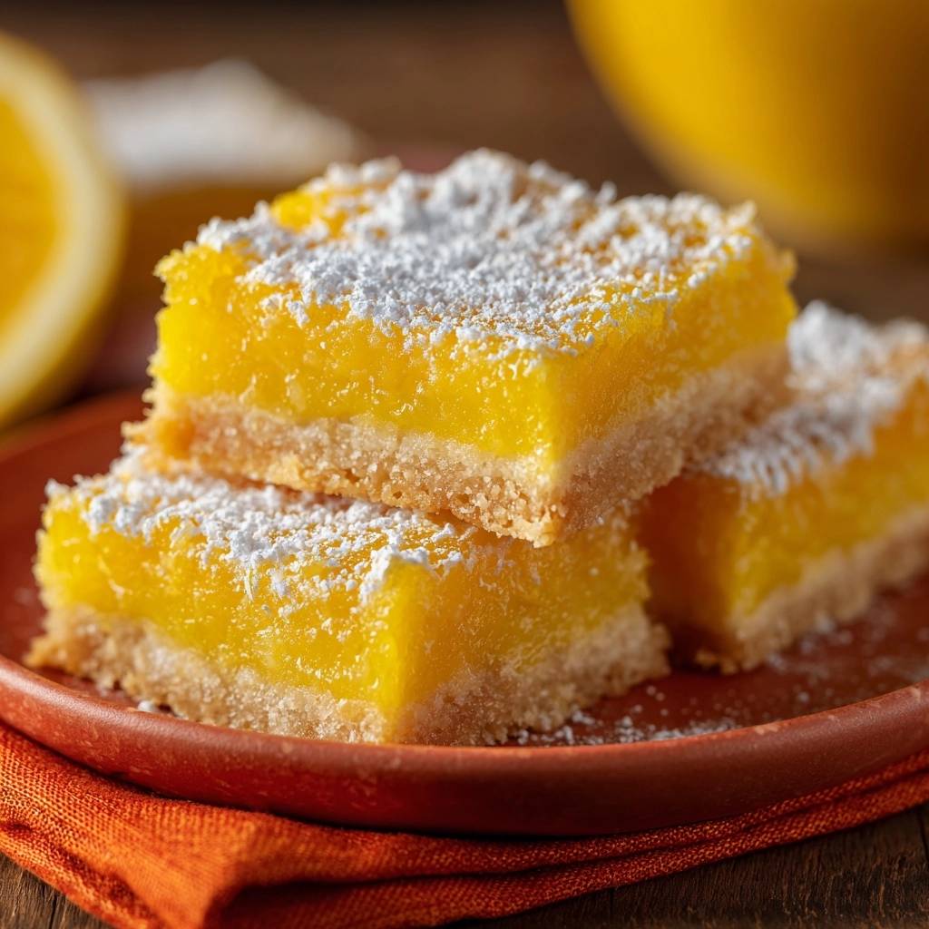 Perfect lemon bars stacked on a plate, dusted with powdered sugar, showing a close-up view of their texture.