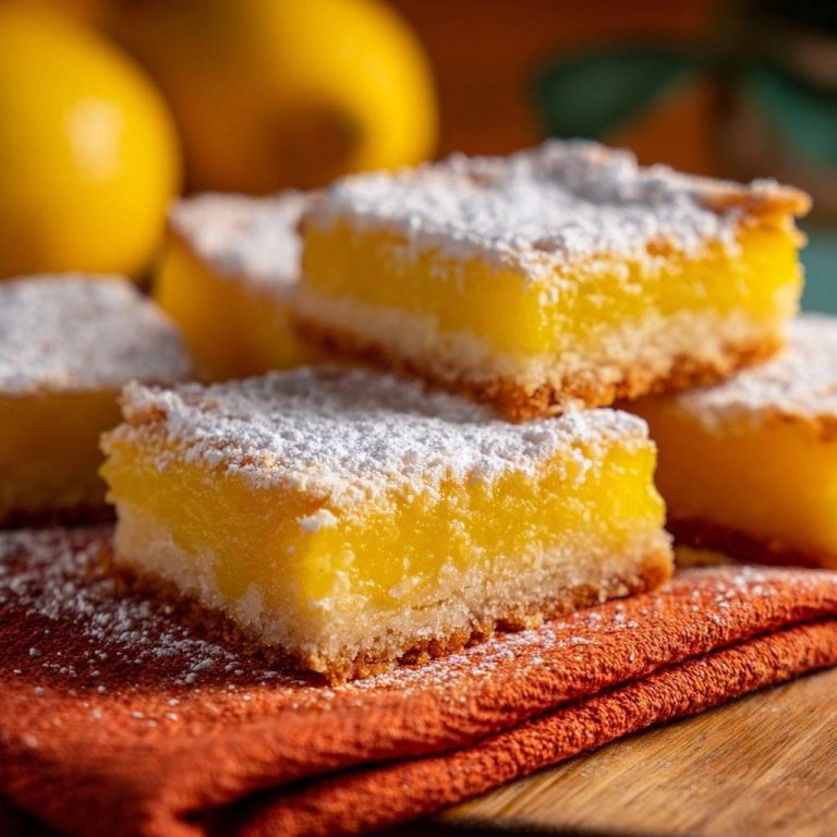 Perfect lemon bars stacked on an orange napkin, dusted with powdered sugar, with lemons in the background.