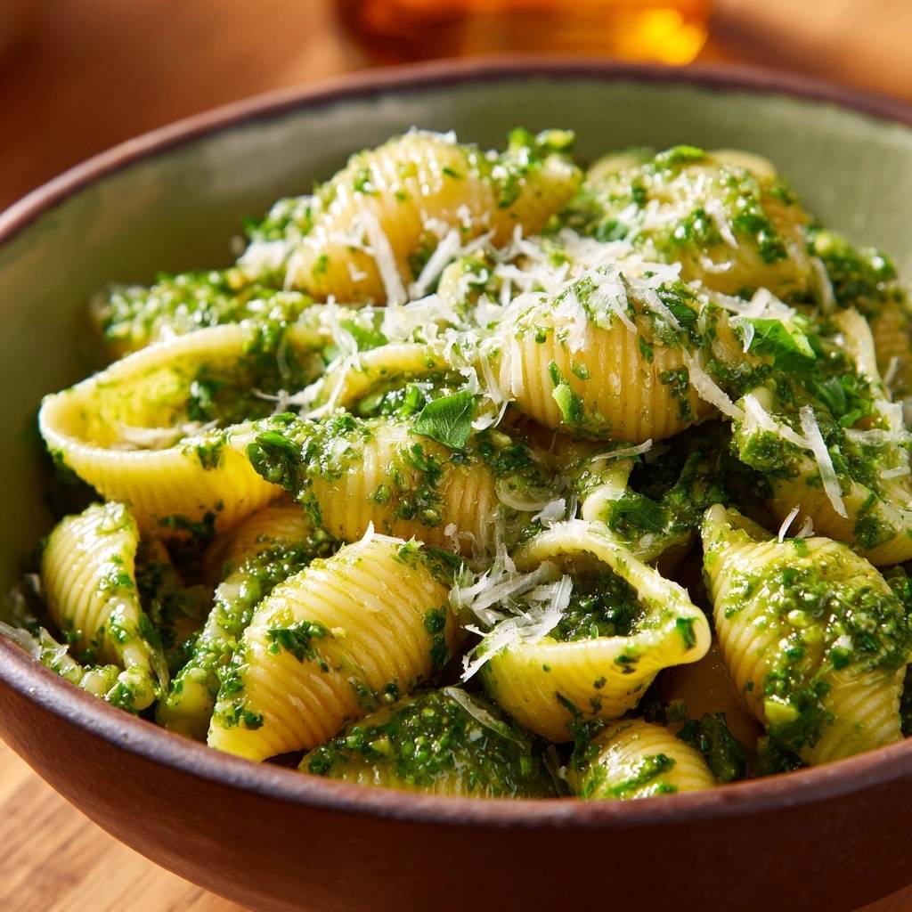 Pesto Parmesan Shells served in a rustic bowl, showcasing the creamy filling and grated cheese detail.