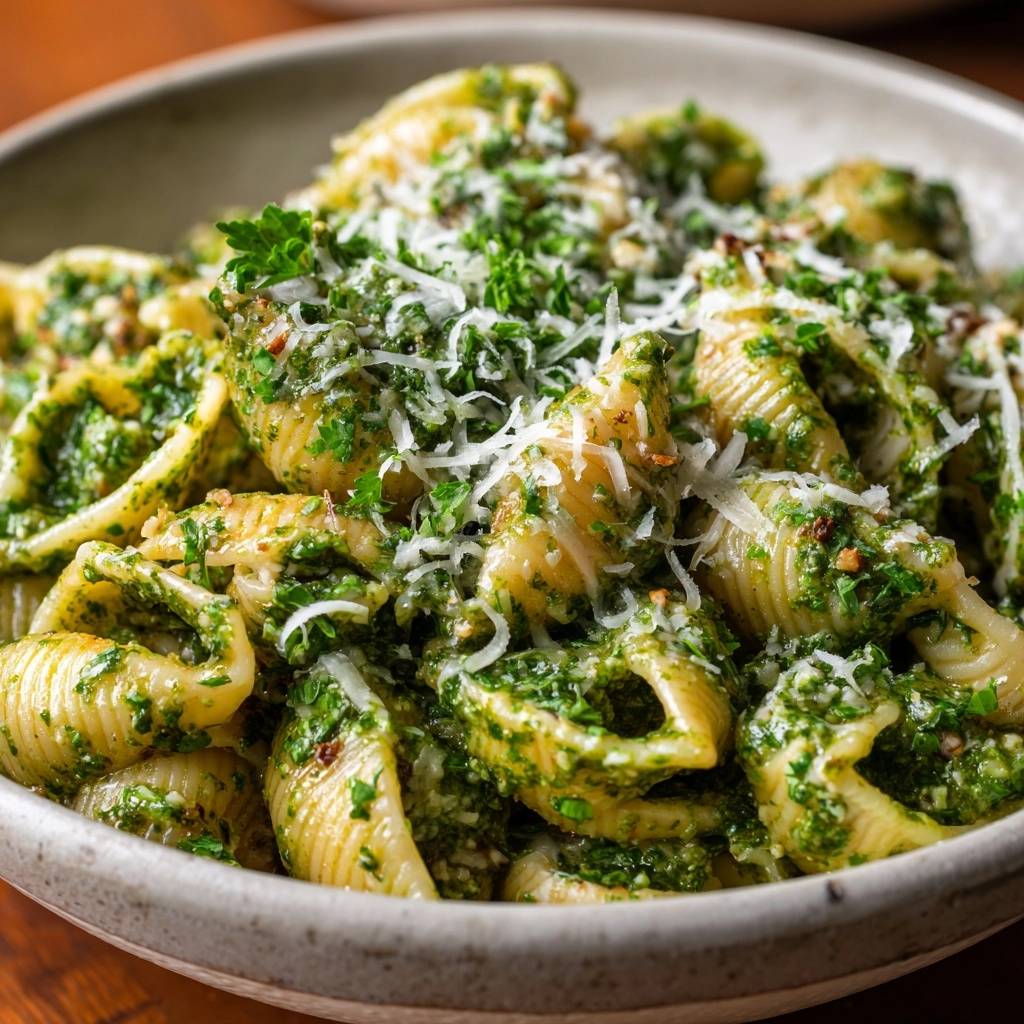Pesto Parmesan Shells with a generous topping of fresh parsley and grated Parmesan cheese.