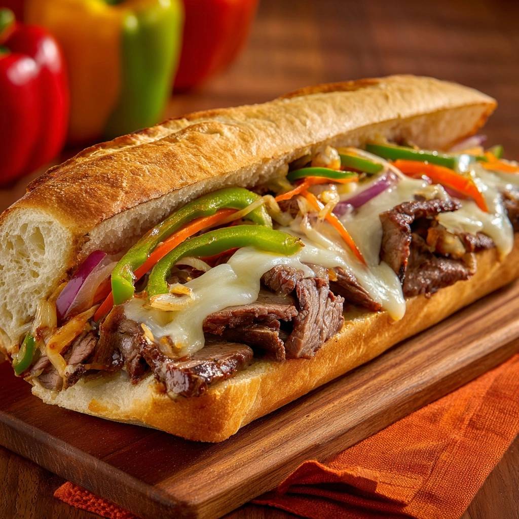 Philly cheesesteak sandwich loaded with juicy ribeye, melted cheese, and colorful peppers on a toasted sub roll.