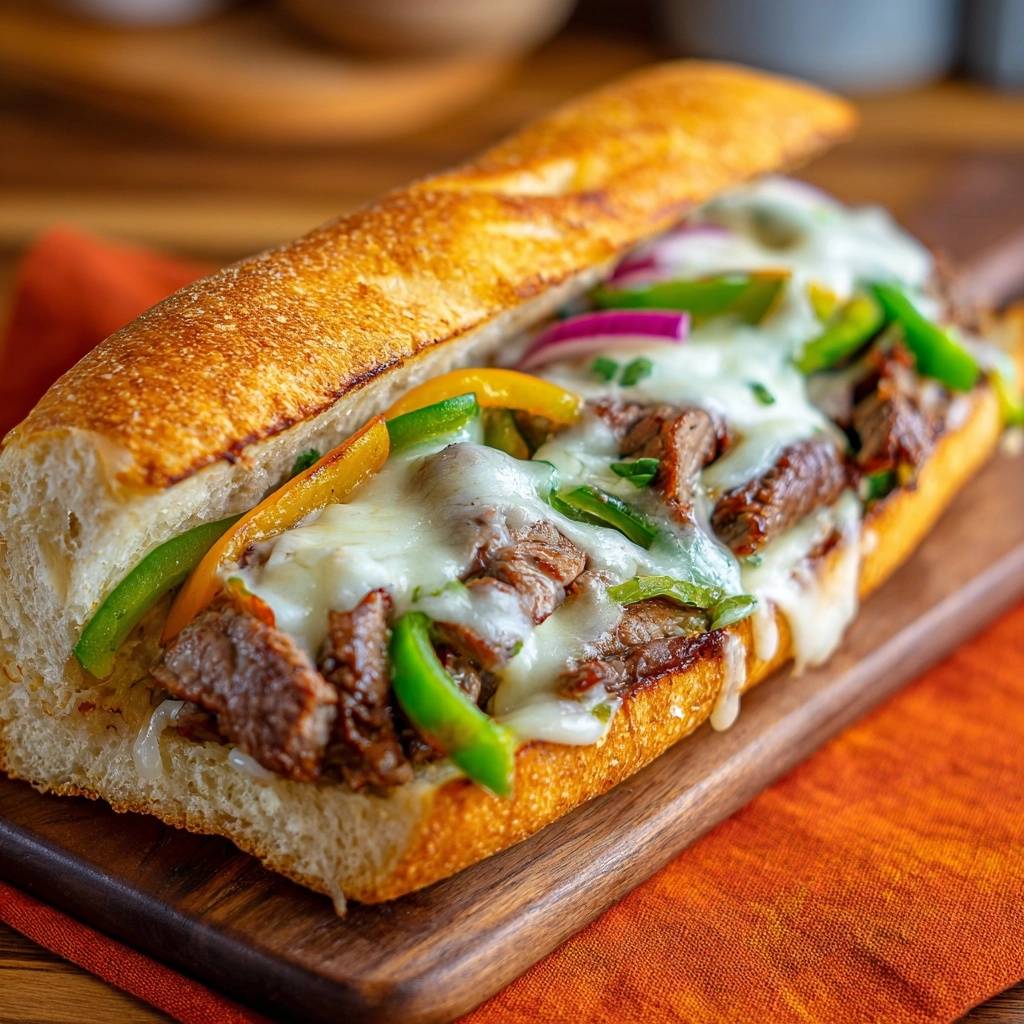 Philly cheesesteak sandwich with melted cheese, juicy ribeye, and colorful peppers on a toasted roll.