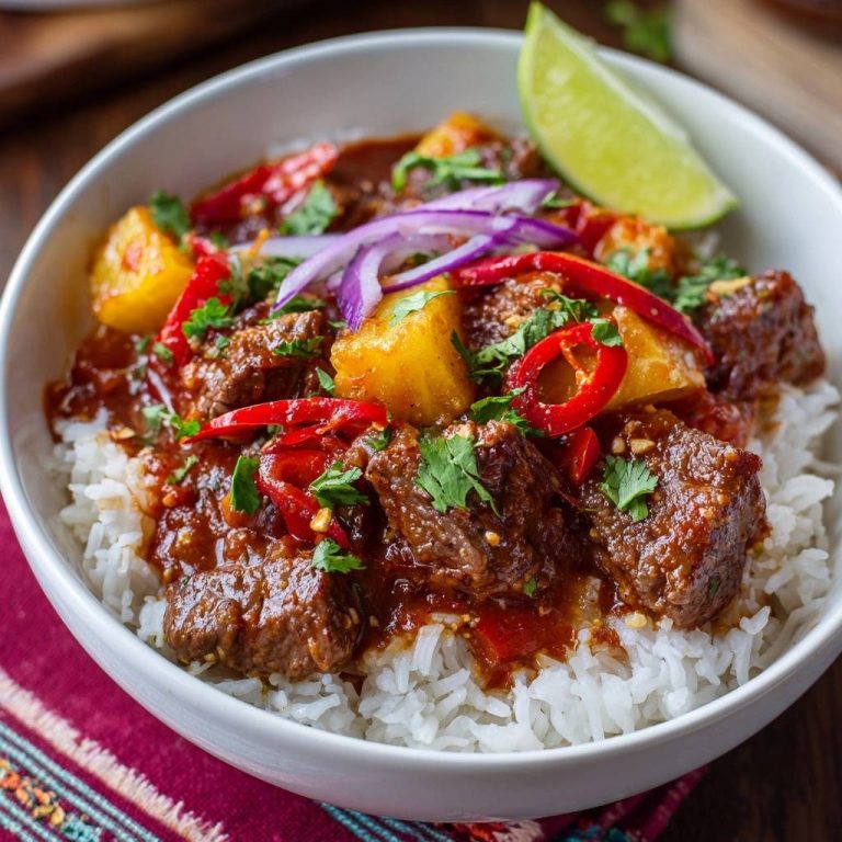 Pineapple beef rice bowl featuring tender beef chunks and pineapple in a rich sauce, garnished with red chili and lime.