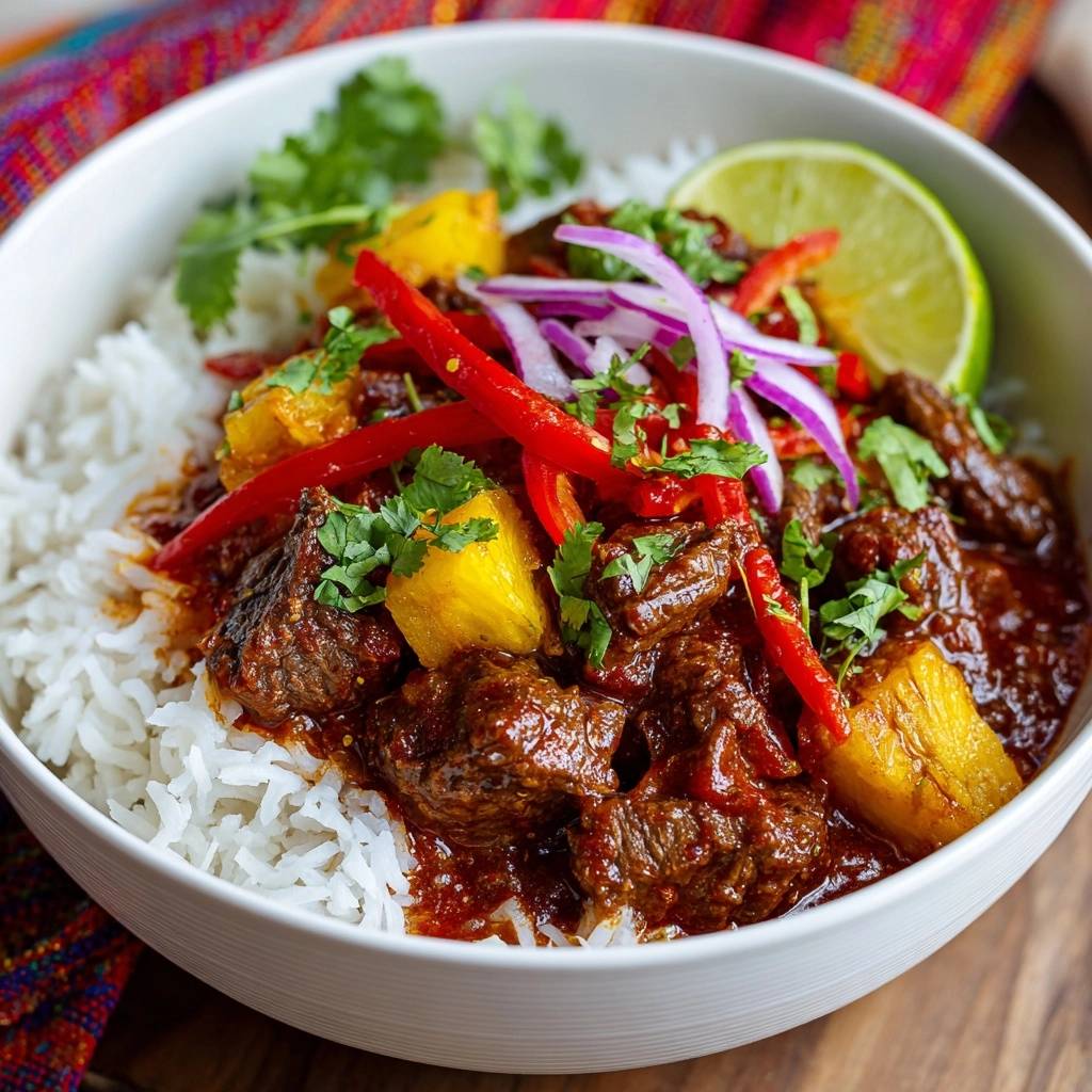 Pineapple beef rice bowl features tender beef and rice, garnished with red chili, cilantro, and lime.