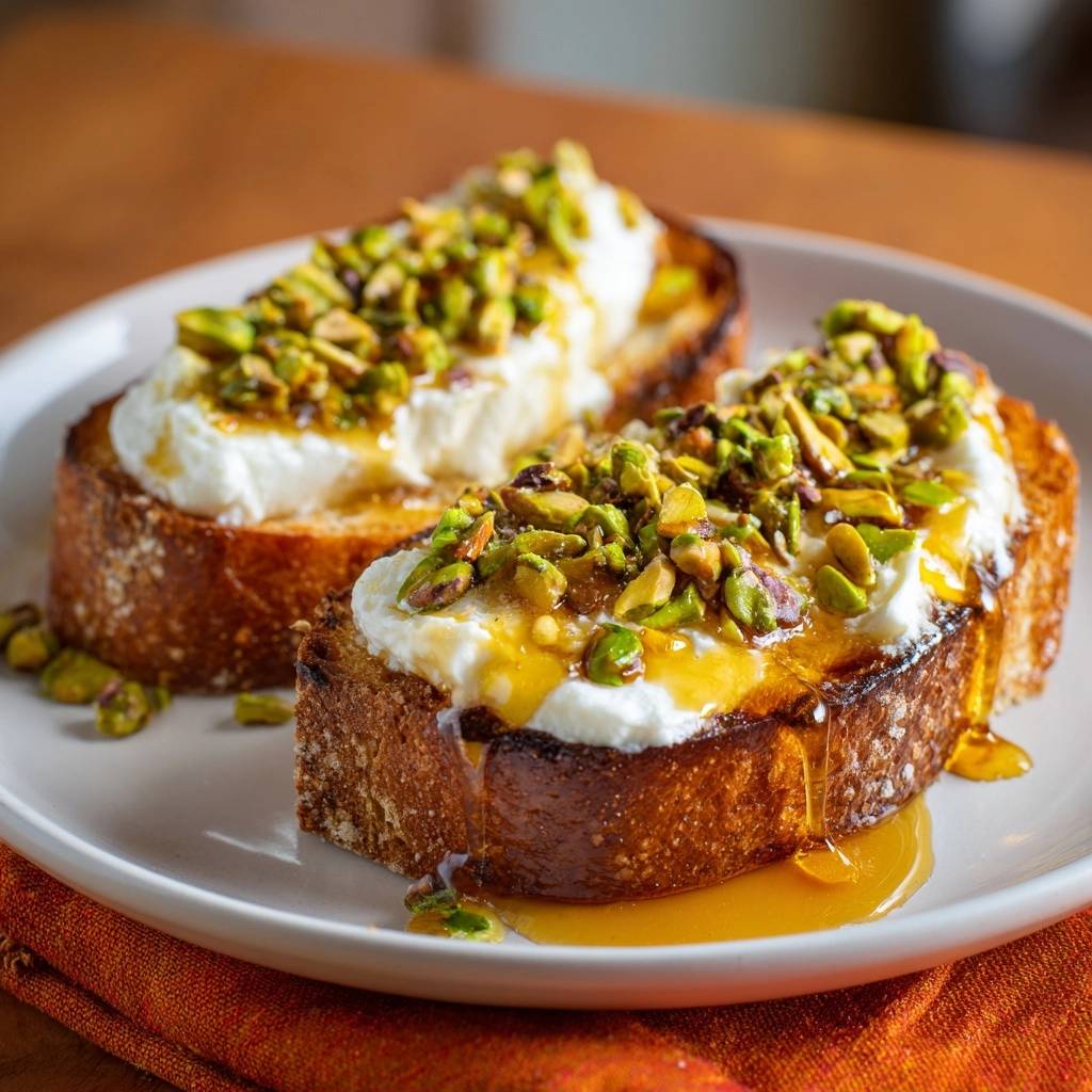 Pistachio honey ricotta toast served on a white plate, showcasing the creamy ricotta and drizzled honey.