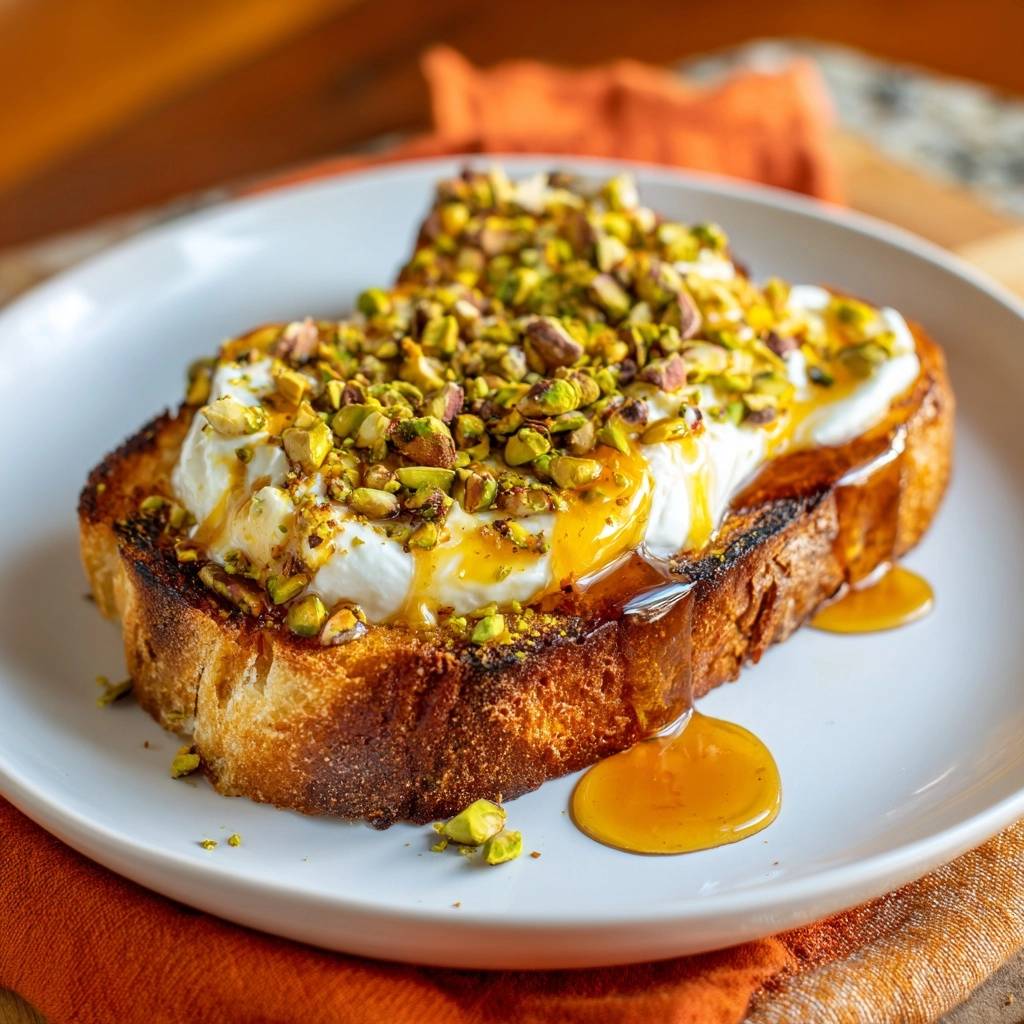 Pistachio honey ricotta toast plated with a generous drizzle of honey and chopped pistachios.