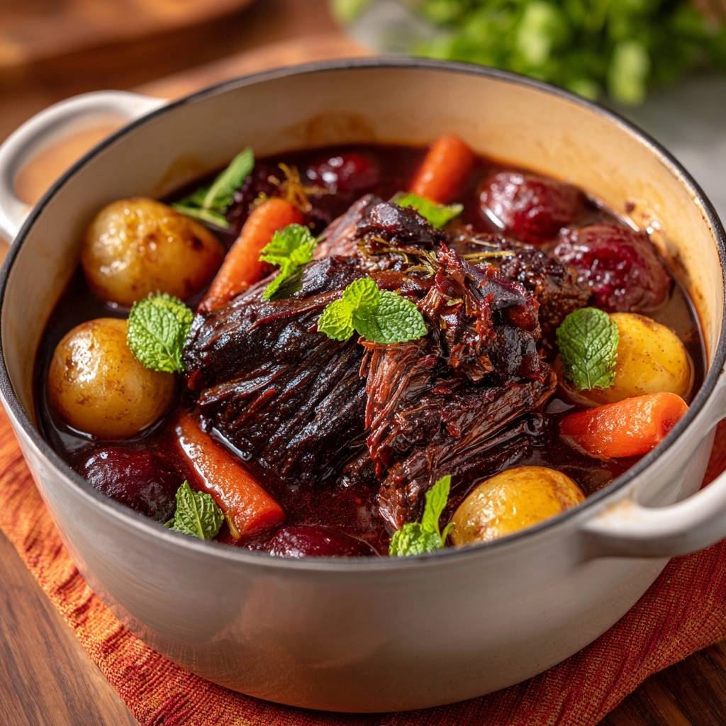 Plum-braised beef stew in a dutch oven, showcasing tender beef, carrots, potatoes, and mint garnish.