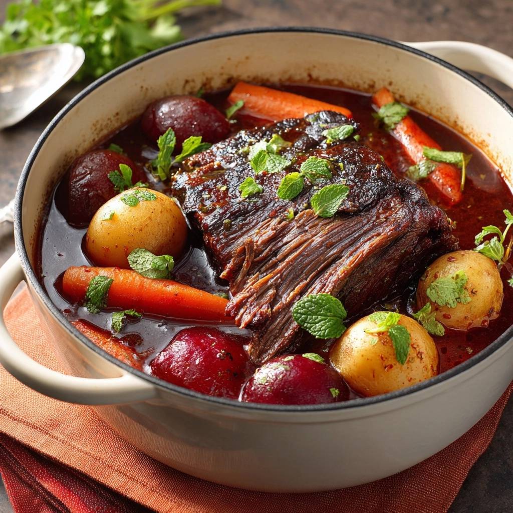 Plum-braised beef stew with carrots and potatoes in a white Dutch oven, garnished with mint.